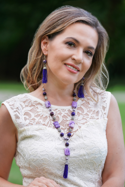 Violet Tassel Elegance jewellery set on a model