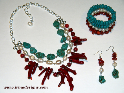 Coral Turquoise Fantasy necklace, bracelet and earrings
