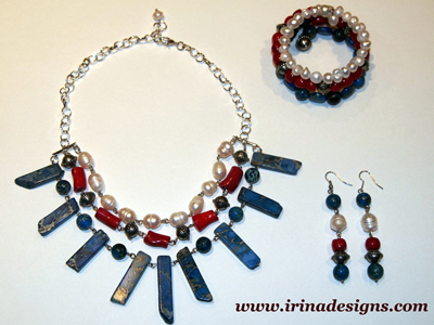 Jasper, Coral & Pearl necklace, bracelet and earrings