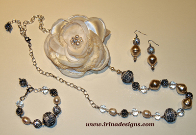 Pearl and Crystal Waterfall jewellery set