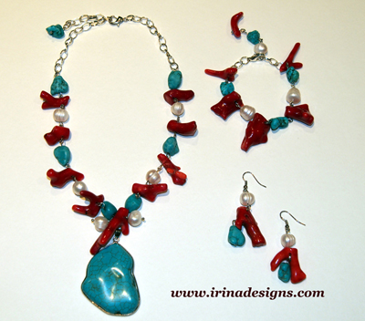Turquoise Coral Muse necklace, bracelet, earrings