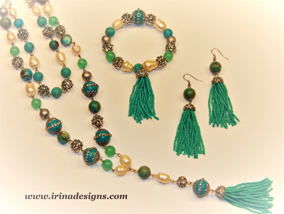 Turquoise Tassel necklace, bracelet and earrings